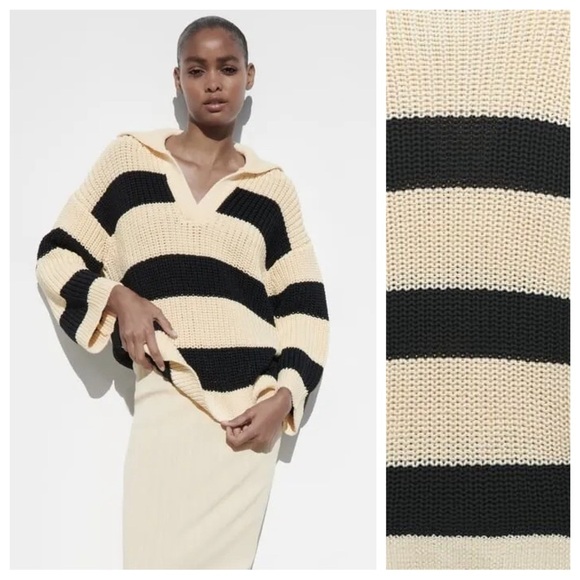 NWT. Zara Cream/Black V-Neck Oversized Striped Sweater. Size M-L. - Picture 1 of 11